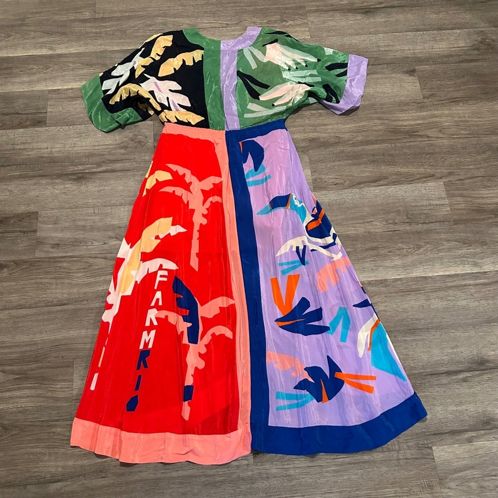 FARM Rio Dress XXS Mixed Print Toucan Palm Tree Colorblock V-Neck Brasil Viscose - Picture 3 of 15